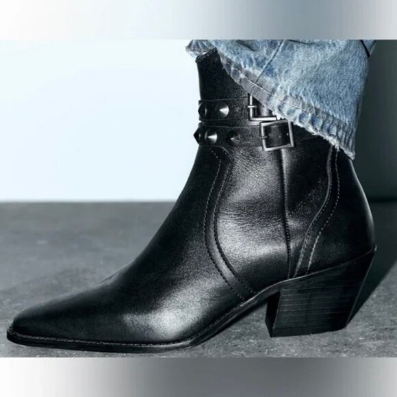Zara Studded Black Leather Cowboy Ankle Boots - Picture 5 of 10
